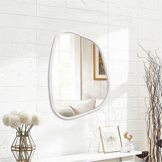 Irregular Wall Mirror Asymmetrical White Mirror Modern Wood Frame Unique Shape Wall Mounted Vanity Artistic Mirror Decor for Living Room Bedroom Bathroom Entryway Hallway Large 16"x12"