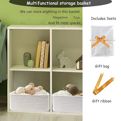 COMFY-HOMI 13" x 8.5" x 5.1" Storage Baskets for Organizing | Cotton Rope Woven Basket | Toy Storage Bin Box | Basket for Shelves, Closet Organizer Bin, Decorative Closet Shelf, 3 Pack, White
