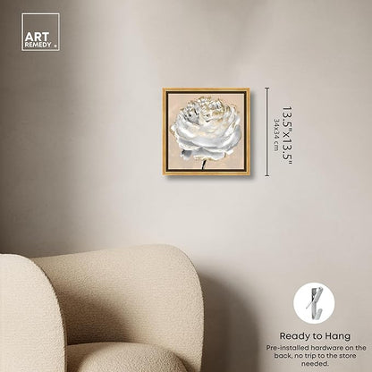 Art Remedy Beige Ranunculus Canvas Elegant White Gold Wall Art, Gold Frame, 12" x 12"