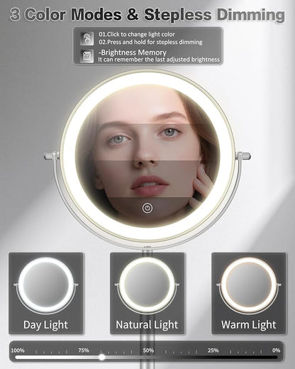 VFD 30X/1X Makeup Mirror with Lights, Height Adjustable Lighted Magnifying Vanity Mirror with 3 Lighting and Adjustable Brightness, 3000mAh Rechargeable Double Sided Switch for Desk Women Gift