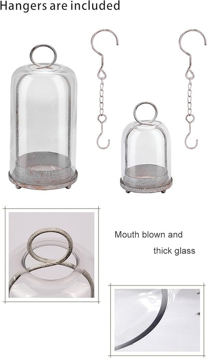 6" & 4" Wide Versatile Modern Metal Hurricane Lantern with Handmade Sturdy Glass Dome in Vintage White for Pillar Candle & Plants, Industrial, Farmhouse, Shabby Chic