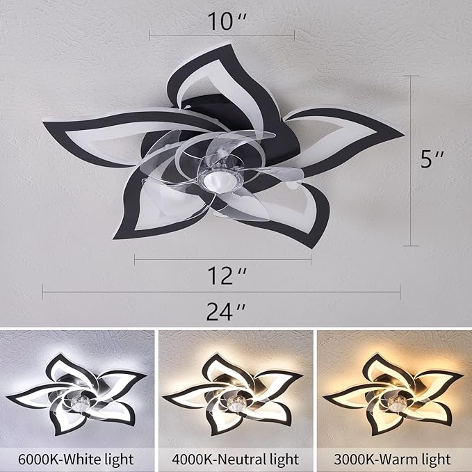 HuixuTe 24" Geometric Ceiling Fan with Lights Remote Control, 6 Speeds 3 Colors Black Low Profile Ceiling Fan with Light for Kitchen Bedroom Living Room