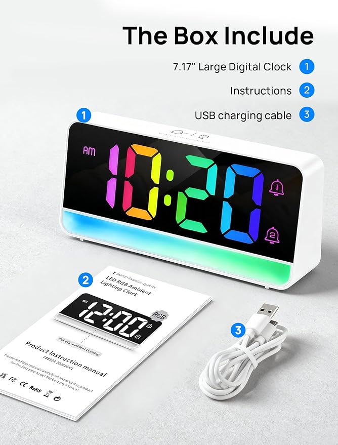 MASHI Loud Alarm Clock for Heavy Sleepers,Digital Clock with 12 Color NightLight,Adjustable Volume,Dynamic RGB Color, Snooze, DST Bedrooms Bedside,ok to Wake for Kids,Teens
