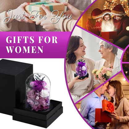 FIACO Gifts for Women Preserved Rose Forever Flower in Glass Dome Fresh Flowers for Delivery Prime Mothers Day Birthday Gifts for Mom Grandma Wife Sister Purple Roses