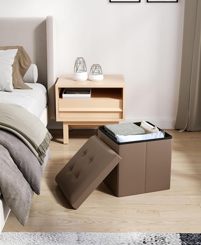 Folding Storage Ottoman Bench, Multi-Functional Ottoman Foot Rest, End of Bed Bench, Storage Chest for Living Room, Bedroom, Hallway, Entryway, Holds Up to 300 lbs (Brown, 15 Inches)