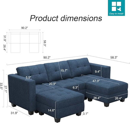 Belffin Modular Sectional Sofa Couch with Double Chaises U Shaped Sectional Sofa Modular with Storage Seat Modular Couch with Reversible Ottomans Blue