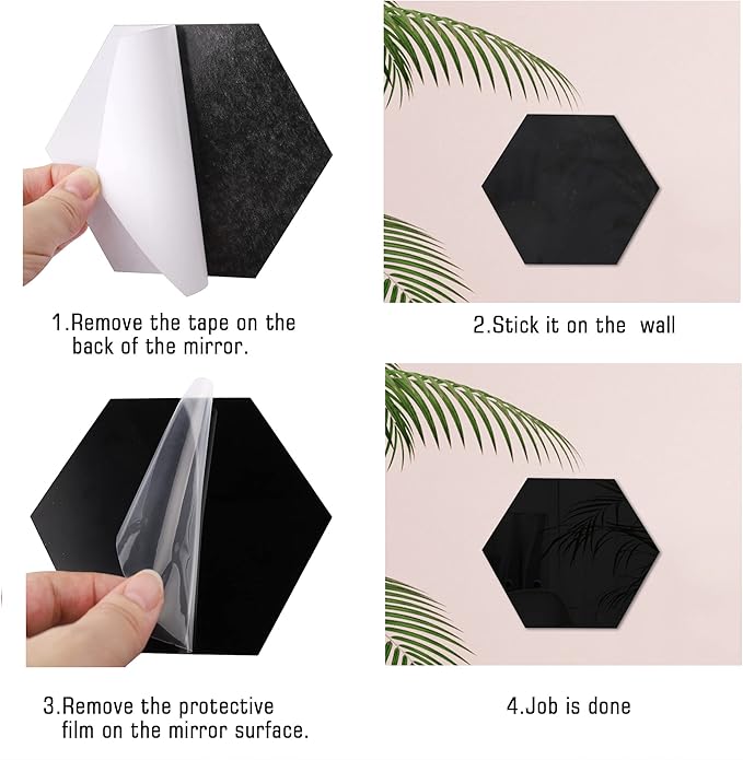 RW-103 36 PCS Acrylic Mirror Wall Stickers Hexagon Mirror Wall Decals DIY Removable 3D Geometric Hexagon Mirror Art Setting Wall Decor for Bedroom Living Room Office Kitchen Home Decoration (Black)