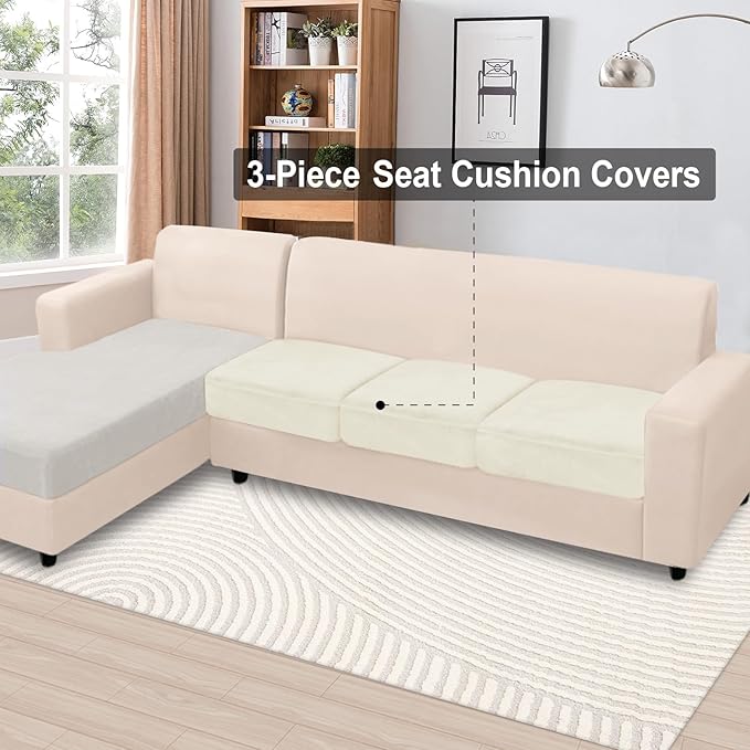 NAISI Couch Cushion Covers 3 Pieces Velvet Stretch Sofa Seat Covers or Backrest Covers Soft Individual Couch Covers for Sectional Sofa(3 Pcs for 3-Seat Cushion,Cream)