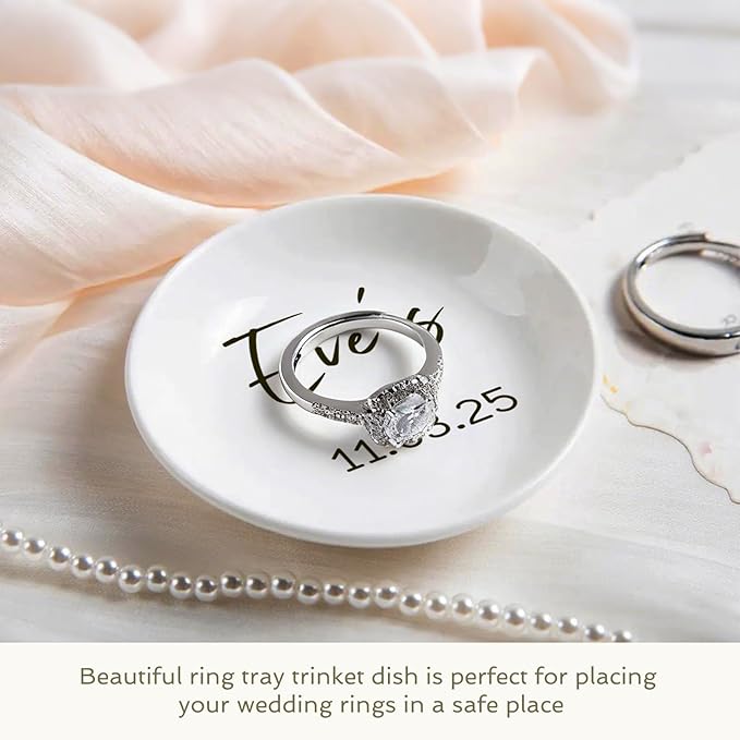 Personalized Mr and Mrs Ring Dish, Custom Ceramic Jewelry Dish, Holder Ring Holder for Friends,Birthday Mother's Day Christmas New Year Gift, Engrave Names, Dates or Special Messages 2.6 Inches, 2PCS