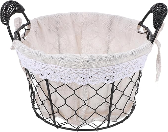 SAFIGLE Iron Wire Basket with Handle and Fabric Liner, Metal Storage Basket for Fresh Eggs and Bread Serving, Rustic Fruit Organizer for Kitchen and Coffee Table