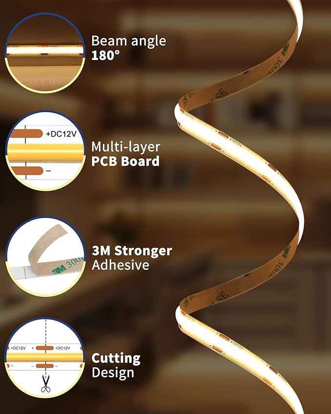 GOOVER COB LED Strip Lights 16.4ft, 3000K Warm White DC 12V Dimmable Tape Light, Ra 95+,150+LM/FT, 98 LEDs/ft, 2.2W/ft, 1600 LEDs, UL Listed for Cabinets,Bedroom(Power Supply Sold Separately)