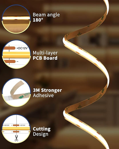GOOVER COB LED Strip Lights 16.4ft, 3000K Warm White DC 12V Dimmable Tape Light, Ra 95+,150+LM/FT, 98 LEDs/ft, 2.2W/ft, 1600 LEDs, UL Listed for Cabinets,Bedroom(Power Supply Sold Separately)
