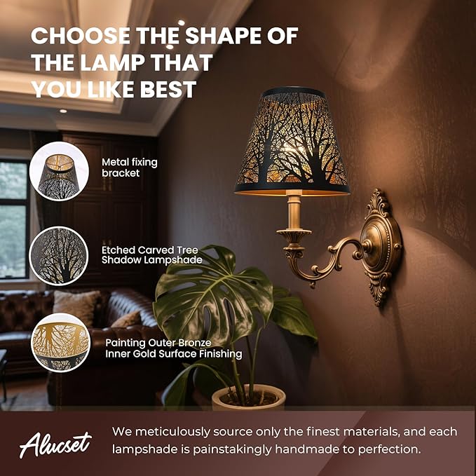 Chandelier Shades, Small Lamp Shade Clip on Bulb Set of 2 for Candelabra Bulbs, ALUCSET Barrel Metal Lamp Shade with Pattern of Trees for Table Chandelier Wall Lamp 4 x 7 x 6 Inch 2 PCS Pack