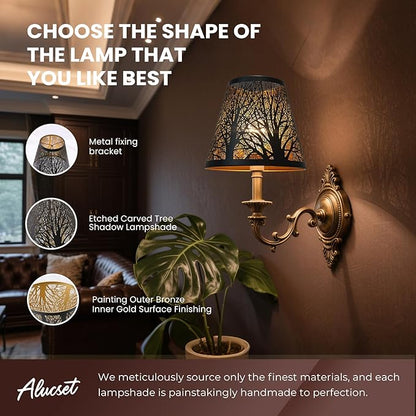 Chandelier Shades, Small Lamp Shade Clip on Bulb Set of 2 for Candelabra Bulbs, ALUCSET Barrel Metal Lamp Shade with Pattern of Trees for Table Chandelier Wall Lamp 4 x 7 x 6 Inch 2 PCS Pack