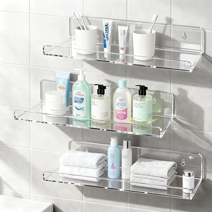 4-Pack Clear Acrylic Floating Shelves, Space-Saving Invisible Wall Shelves for Bathroom Kitchen Office Living Room, Modern Decor Set