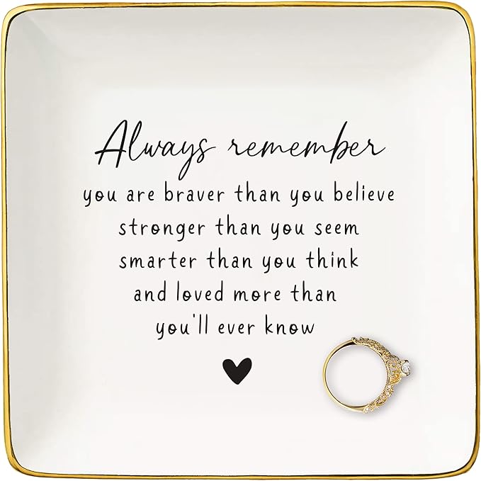 NZY Birthday Christmas Gift,Inspirational Quotes Gifts-Affirmations Reminder Present-Positive Motivational Encouragement Present,Always Remember You Are Braver-Jewelry Tray Trinket Holder Ring Dish