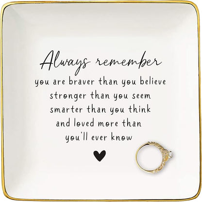 NZY Birthday Christmas Gift,Inspirational Quotes Gifts-Affirmations Reminder Present-Positive Motivational Encouragement Present,Always Remember You Are Braver-Jewelry Tray Trinket Holder Ring Dish