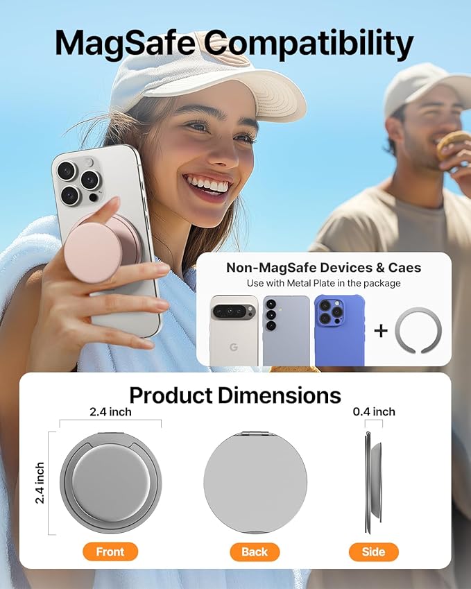 Sinjimoru for MagSafe Phone Grip — 3000G Magnetic Hold, Soft Silicone Comfort, Metal Plate Included, iPhone 17/16/15/14/13, M-Tap Tok Ring Stand Silver