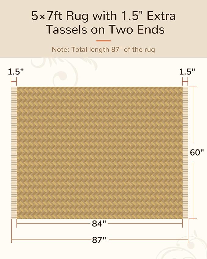 BESTSWEETIE 5x7 Washable Rug Hand-Woven Low Pile Soft Modern Farmhouse Bohemian Decor Reversible Braided Rugs with Tassels Throw Carpet for Living Room Bedroom Entryway Bathroom, Natural Jute