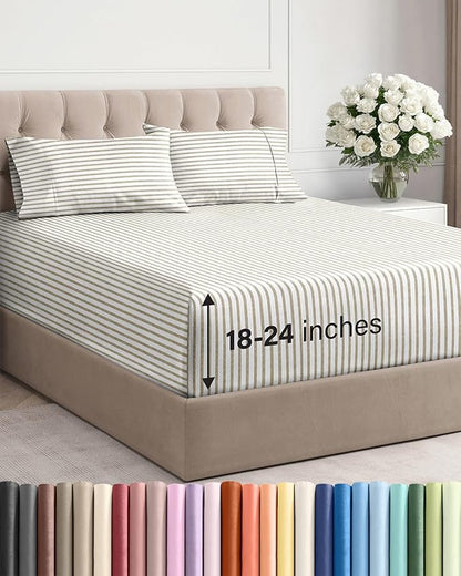 Extra Deep Twin Sheet Set - 4 Piece Breathable and Cooling Sheets - Hotel Luxury Bed Sheets Set - Easy Fit - Soft, Wrinkle Free and Comfy Sheets Set - Beige Striped Sheet Set with Extra Deep Pockets