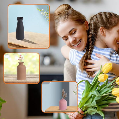 Ceramic Vase Set of 3, Rustic Modern Brown Vases for Bouquet, Fresh or Dried Plants, Home Decor-Modern Decorative Ceramic Flowers Vase for Rustic Home Decor (Black-Pink)