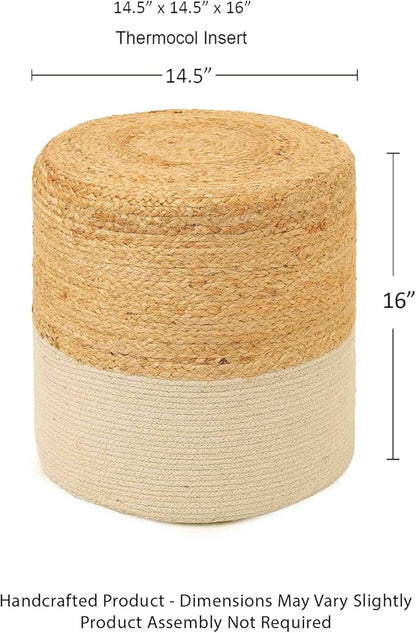 REDEARTH · Cylindrical Pouf Foot Stool Ottoman - Jute Braided Accent Sitting Footrest for The Living Room, Bedroom, Nursery, Patio, Lounge & Other Rooms in The Home (14.5”X14.5”X16”; Natural Ivory)