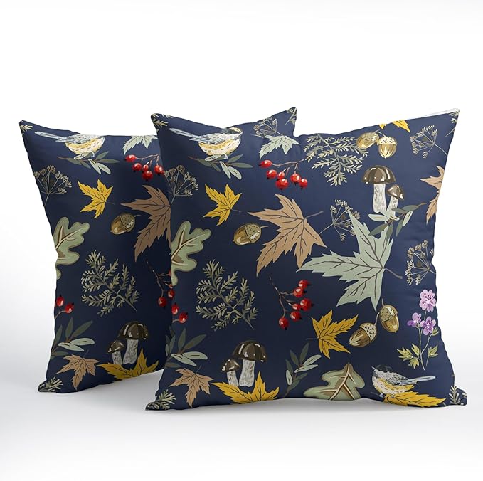 Bird Fall Pillow Covers 24x24 Set of 6 Navy Autumn Leaf Animal Print Pillow Cases Mushroom Acorns Pattern Outdoor Decorative Holiday Cushion Cover Rustic Decoration Farmhouse Home Sofa Couch Bed Decor