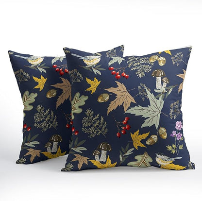 Bird Fall Pillow Covers 24x24 Set of 6 Navy Autumn Leaf Animal Print Pillow Cases Mushroom Acorns Pattern Outdoor Decorative Holiday Cushion Cover Rustic Decoration Farmhouse Home Sofa Couch Bed Decor