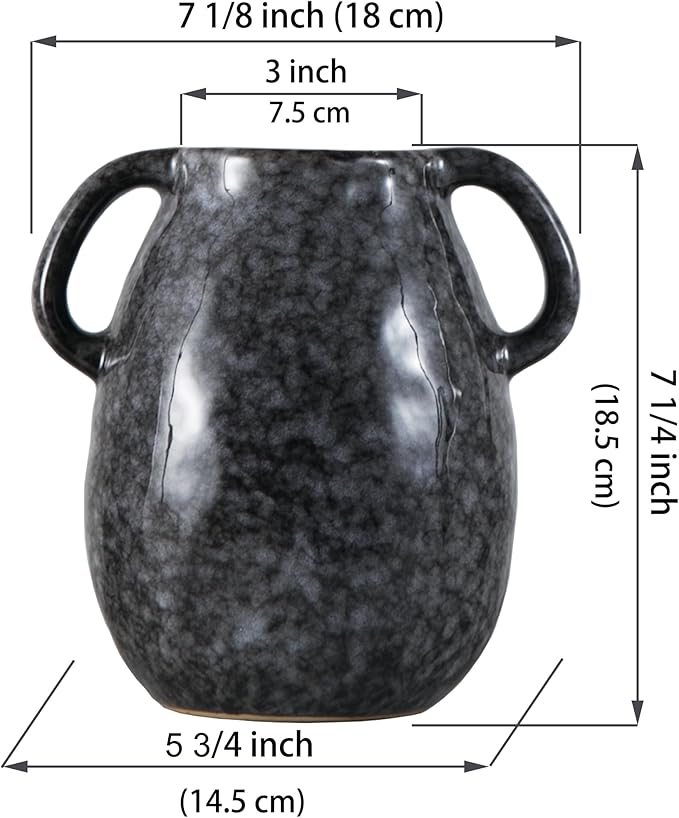 Ceramic Modern Farmhouse Vase with 2 Handles, Black Ceramic Vases for Home Decor, Rustic Pottery Vase, Decorative Terracotta Flower Vases, Clay Jug for Table Living Room Shelf Mantel Decor