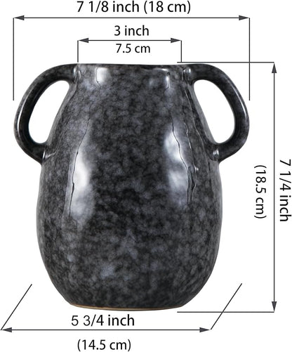 Ceramic Modern Farmhouse Vase with 2 Handles, Black Ceramic Vases for Home Decor, Rustic Pottery Vase, Decorative Terracotta Flower Vases, Clay Jug for Table Living Room Shelf Mantel Decor