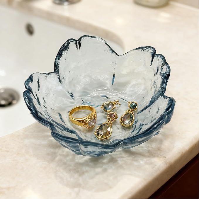 Flower Ring Dish Jewelry Tray, Glass Jewelry Dish Tray, Aesthetic Room Decor Small Trinket Dish, Nightstand Jewlery Ring Holder Dish, Bathroom Jewelry Plate Bowl for Rings Earrings Wife Gift (Blue)