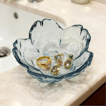 Flower Ring Dish Jewelry Tray, Glass Jewelry Dish Tray, Aesthetic Room Decor Small Trinket Dish, Nightstand Jewlery Ring Holder Dish, Bathroom Jewelry Plate Bowl for Rings Earrings Wife Gift (Blue)