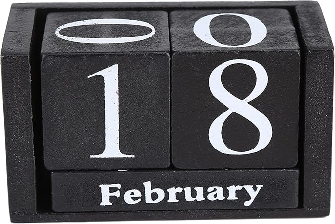 Perpetual Wooden Block Calendar, Desktop Vintage Style Mini Month Date Time Display, Home Office Decoration with 2pcs Dices, Blue, Black Wood with 12 Month Blocks (Black)