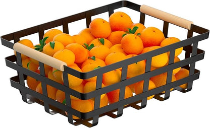 Large Farmhouse Wire Baskets Metal Storage Bin Basket Storage Organizer Farmhouse fruit Bin with Wood Handles for Pantry Cabinets - Black, 2 Packs