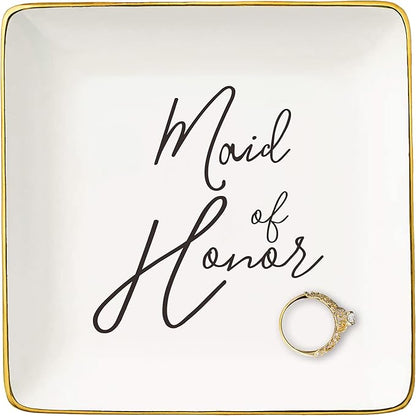 Proposal Gifts for Maid of Honor from Bride,Bridal Shower Gifts for Bridesmaid-Bachelorette Party Present for Women,Wedding Present for Maid of Honor -Ceramic Jewelry Tray Trinket Holder Ring Dish