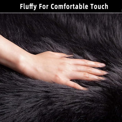 Black Samll Faux Fur Sheepskin Area Rug for Living Room Bedroom, 2 x 3 Feet Ultra Soft Shaggy Fuzzy Furry Carpet Chair Throw Rugs for Kids, Girls, Nursery Room Decor Dorms