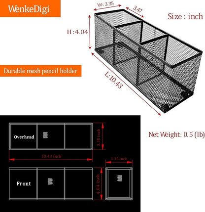 Metal Mesh Pencil Holder, Spacious 3-Compartment Desk Organizer for Pens, Makeup Brushes, Utensils, Multipurpose Office, School ,Kitchen, Home Desktop Storage, 10.43 x 3.35 x 4.04 Inches, Black