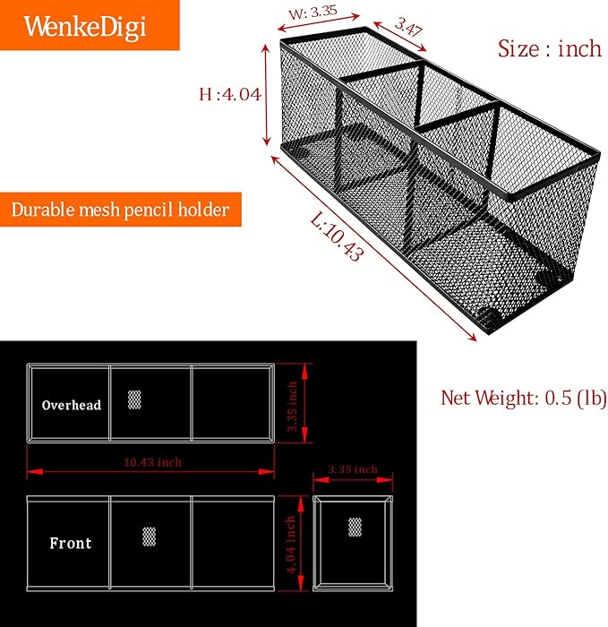 2-Pack Metal Mesh Pencil Holder, Spacious 3-Compartment Desk Organizer for Pens, Makeup Brushes, Utensils, Desktop Storage for Home, Office, School, Kitchen, 10.43x3.35x4.04 Inch, Black
