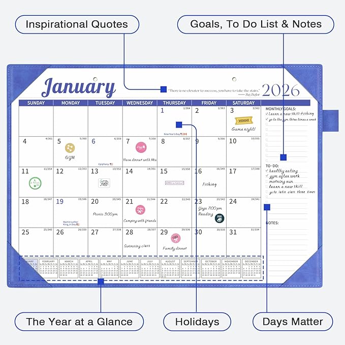Ospelelf Desk Calendar 2026-2027 Wall Monthly Planner 12"x17" Leather Pad with Protective Cover 18 Months January 2026 - June 2027 Blue