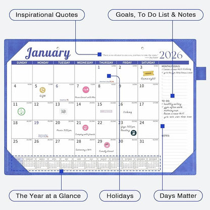 Ospelelf Desk Calendar 2026-2027 Wall Monthly Planner 12"x17" Leather Pad with Protective Cover 18 Months January 2026 - June 2027 Blue