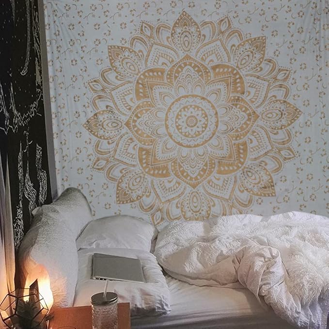 raajsee Metallic Gold Tapestry Mandala Wall Hangings, Indian Cotton Beach Throw Blanket, Hippie Tapestries Boho Decor,Twin Bedspread Yoga Meditation Mat Rugs 52 x 60 Inches