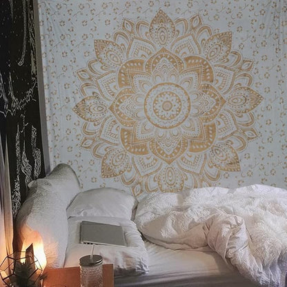 raajsee Metallic Gold Tapestry Mandala Wall Hangings, Indian Cotton Beach Throw Blanket, Hippie Tapestries Boho Decor,Twin Bedspread Yoga Meditation Mat Rugs 52 x 60 Inches