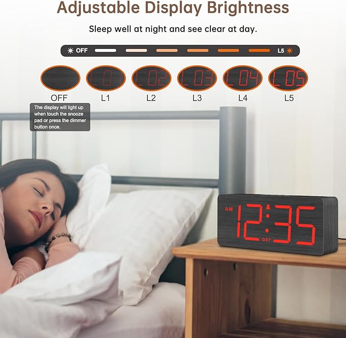DreamSky Wooden Digital Alarm Clock for Bedroom - Desk Clocks for Living Room with Large Numbers, Loud Alarm for Heavy Sleepers with Volume Control, Dimmer, DST, Office Wood Decor (Plug in Clock)