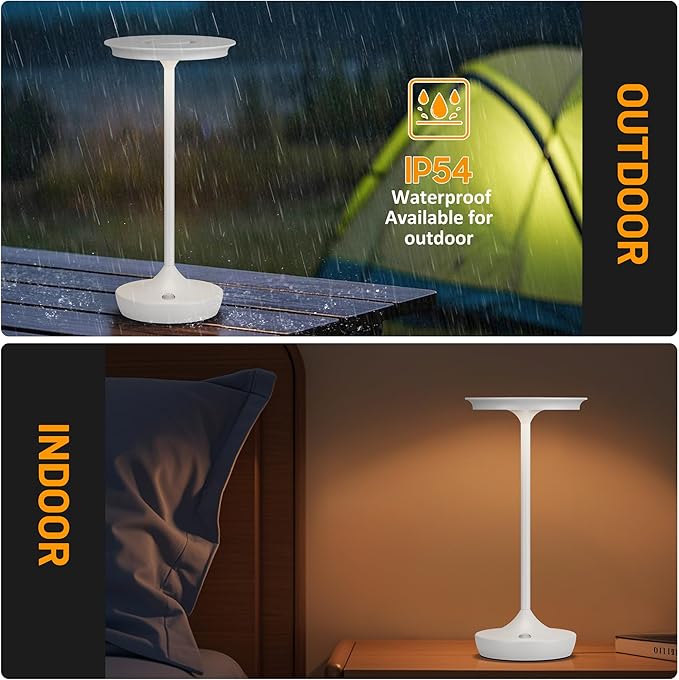 LED Cordless Table Lamps Rechargeable - Outdoor 6000mAh Battery Operated Portable Tables Light 3 Color Stepless Dimming Lamp with Memory Function for Patio Restaurant Dining White