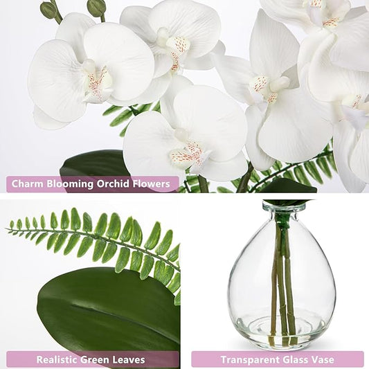 Oairse White Orchids Artificial Flowers, Faux Orchid in Glass Vase Real Touch Small Phalaenopsis Orchid Flowers Arrangements with Clear Vase Orchids Centerpiece for Dining Room Table