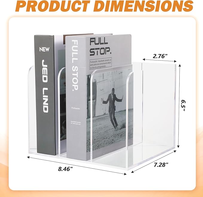 Acrylic Magazine Holder Desk Organizer Workspace Sorters，Clear Bookend File Sorter Holder，Folder Rack, Office Accessories Organization Storage with 3 Vertical Compartments