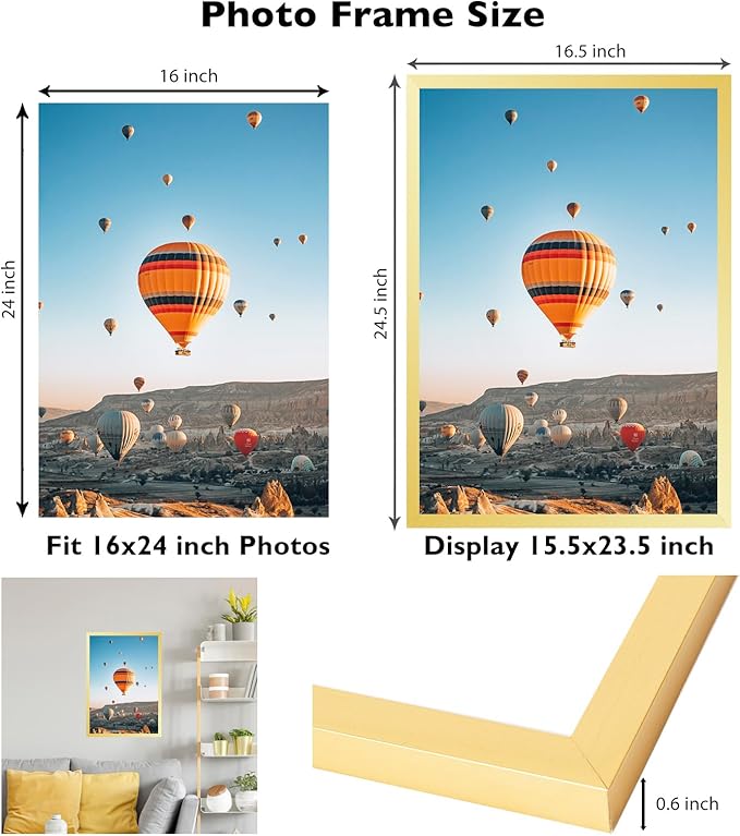 16x24 Picture Frame Set of 2 Gold for Poster Photo Picture and 40x60 cm Canvas, Horizontal and Vertical Formats for Wall Hanging, 16 x 24 Wall Gallery Poster Photo Frame,2 Pack, Gold