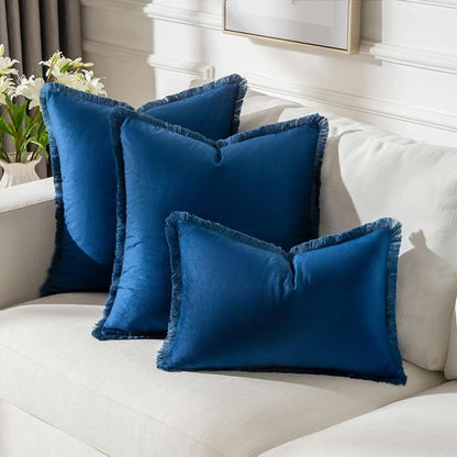 FUTEI Navy Blue Velvet Decorative Throw Pillow Covers 16x16 Set of 2,Soft Cozy Edge with Tassels Cushion Case,Boho Modern Home Decor for Couch Bed Living Room
