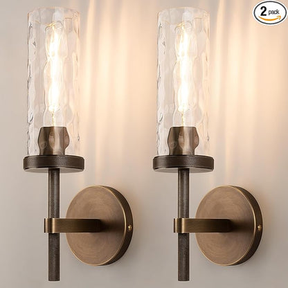 15" Knurled Brass Wall Sconces Set of 2, Bronze Bathroom Vanity Light Fixtures with Water Ripples Glass Tube, Modern Lamp Lighting for Bedroom, Living Room, Hallway, Staircase, Mirror, Kitchen