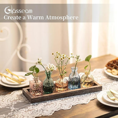 Glasseam Glass Bud Vases for Flower: 5 Colorful Small Vases Set with Rustic Wooden Tray for Home Office Living Room Bathroom - Vintage Table Centerpieces for Birthdays Wedding Housewarming Gifts